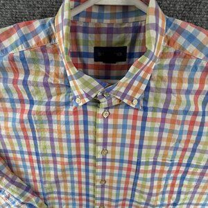 SCOTT BARBER 2XL Long Sleeve Button Up Shirt Men Colorful Check Orange Blue
